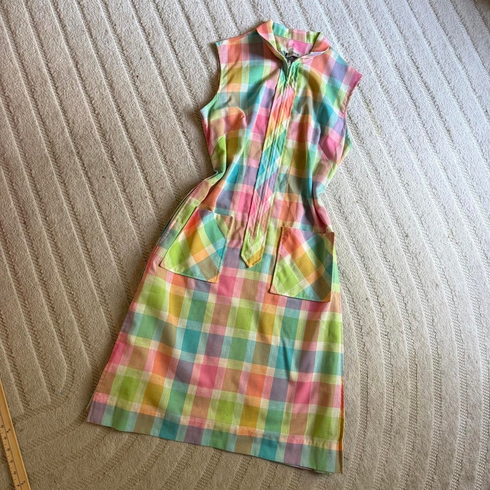 VTG 70s Lady Lorna multicolored plaid house dress M/L Retro Loungewear Patio MCM